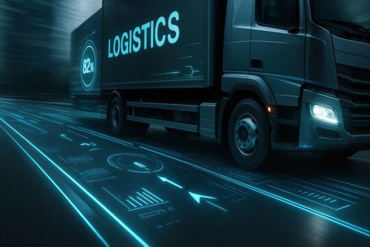 Logistics Truck on Cyber Highway: A state-of-the-art logistics truck moves swiftly on a digital highway. The truck, illuminated with a neon glow against a dark, futuristic backdrop.