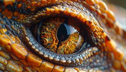 A mesmerizing macro shot reveals the intricate details of a vibrant, fiery reptilian eye, its golden iris reflecting light with an otherworldly glow, evoking ancient, scaled mystique