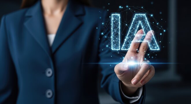 IA Symbole holographique dans l&rsquo;air. Une femme touche le signe de l&rsquo;IA avec la main. D&eacute;veloppement de l&rsquo;intelligence artificielle, assistant en intelligence artificielle.