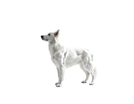 A pure white, muscular dog stands in profile against a black background, its head slightly tilted upward, showcasing its alert posture and thick coat