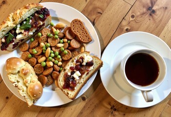 Assorted bread and crackers on a white plate with a variety of toppings alongside a cup of dark coffee on a light wooden table setting