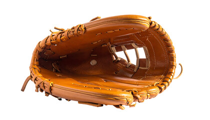 Light brown leather baseball glove, open, showcasing interior structure and lacing details