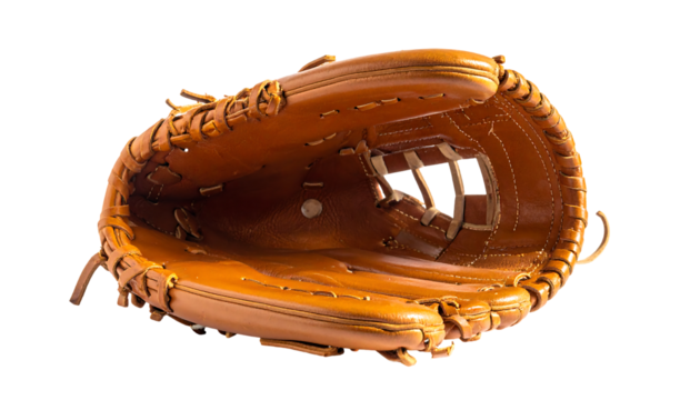 Light brown leather baseball glove, open, showcasing interior structure and lacing details