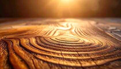 Close-up of a textured, wooden surface bathed in warm sunlight, revealing intricate patterns and the natural grain's details. Focused perspective