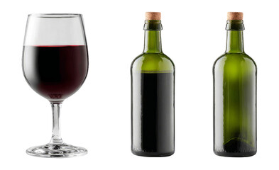 Elegant Wine Glass with Red Wine and Two Isolated Green Glass Bottles