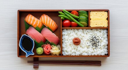 Japanese sushi bento box with rice, sashimi, vegetables, tamagoyaki, and soy sauce.