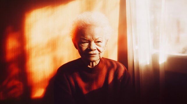 A woman with white hair is sitting in a room with a window. She is wearing a red sweater and has a serious expression on her face. The room is dimly lit - Powered by Adobe