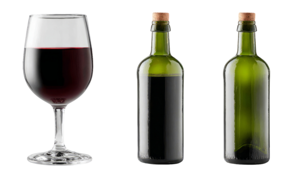 Elegant Wine Glass with Red Wine and Two Isolated Green Glass Bottles