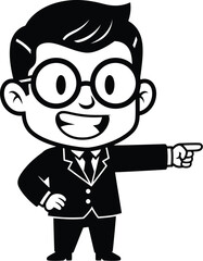 Cartoon businessman with glasses pointing to the right
