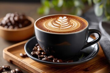 Dark Grey Coffee Cup with Latte Art and Coffee Beans