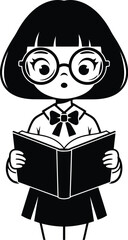 Cute cartoon girl with glasses reading a book