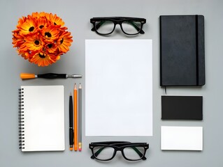Flat lay of stationery items including notebooks glasses and flowers on a gray surface