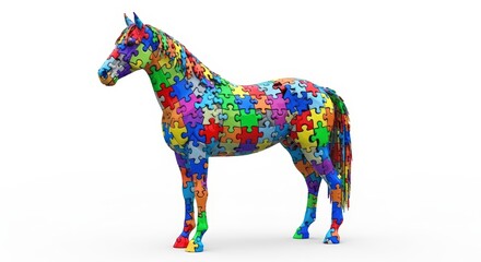 Obraz premium A vibrant horse sculpture made entirely of colorful puzzle pieces, standing against a clean white background.