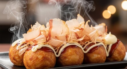 Hot Japanese takoyaki balls topped with bonito flakes, mayonnaise, and sauce.