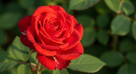 Close-up of a vibrant red rose in full bloom, showcasing intricate petal details and fresh water droplets.