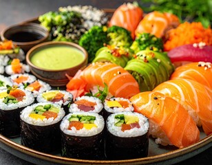 Sushi Platter with Salmon Nigiri, Avocado Rolls, and Dipping Sauces