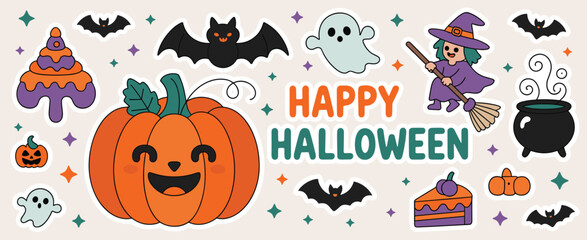 Halloween cartoon illustration, smiling pumpkin ghost witch bat cake, festive orange background, holiday celebration graphic, spooky party vector clipart