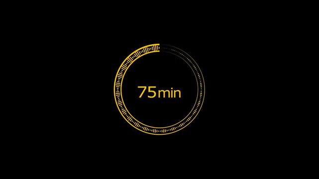75 minute countdown clock icon, a modern circle and 75 minute clock loading icon animation. black background and creating a stunning 4k video.	