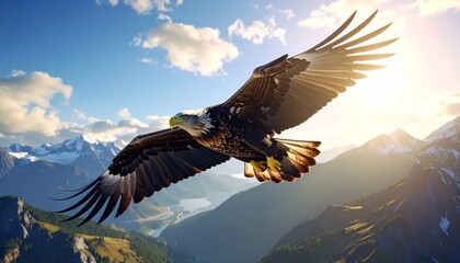 Obraz premium Majestic bald eagle soars with powerful wings over stunning mountain peaks, bathed in golden light, capturing the essence of freedom and wild nature