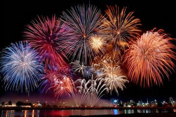 Dazzling Fireworks Display Over City Skyline at Night