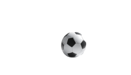 A classic black and white soccer ball floats against a stark black background, subtly lit from above