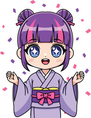 Cute anime girl in traditional purple kimono with pink accents, , celebrating with confetti