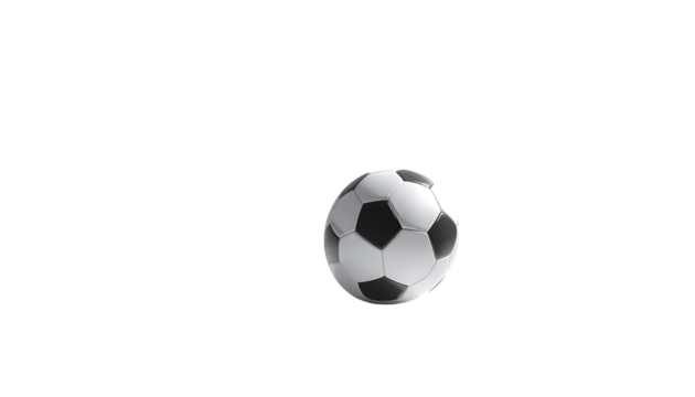 A classic black and white soccer ball floats against a stark black background, subtly lit from above