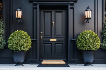 A stately black front door of a classic home, highlighted by lush green topiary and elegant lighting fixtures.