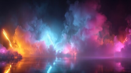 Fototapeta premium Abstract Neon Landscape with Reflective Surface and Colorful Cloud Formations