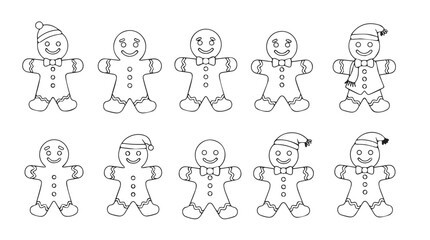 Hand drawn gingerbread man characters set with different hats and outfits festive christmas collection silhouette