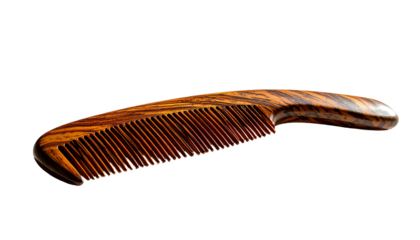 A richly-grained, dark-brown wooden comb with a curved handle, isolated on a black background.  Its teeth are fine and evenly spaced