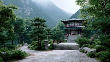 Ancient Pagoda in Lush Green Forest Cinematic HDR Landscape With Stone Path, Vibrant Greens and Serene Mountain Backdrop, Captured in Bright Sunlight