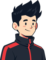 Cartoon character portrait of a young man with spiky black hair wearing a black and red jacket