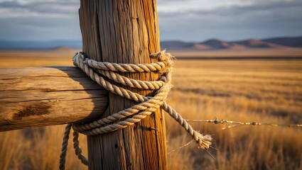 Rope tied around a wooden post in a field with mountains in the background view