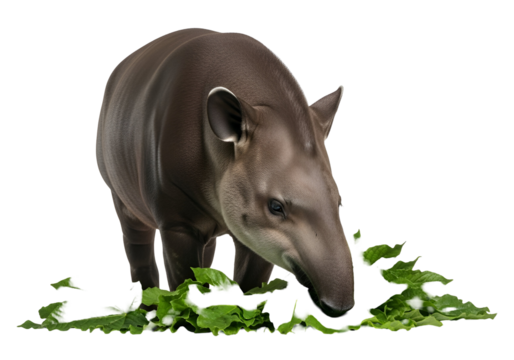 A gray anteater, close-up, is seen foraging for leaves on a black background. The animal's nuanced features and the vibrant green leaves create a striking visual contrast.