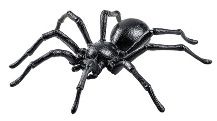Fake rubber spider toy with shiny black legs, Halloween prop isolated on transparent background 