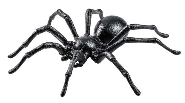 Fake rubber spider toy with shiny black legs, Halloween prop isolated on transparent background 