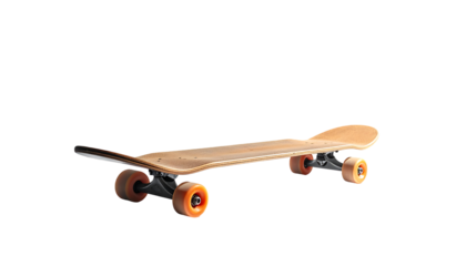 A light-brown skateboard with slightly curved edges, orange wheels, and dark grey trucks, is presented on a black background at a three-quarter angle