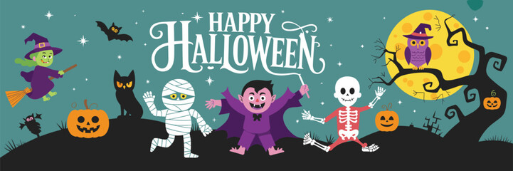 Halloween character illustration, witch vampire mummy skeleton pumpkins bats full moon teal background, festive spooky design, vector clipart artwork