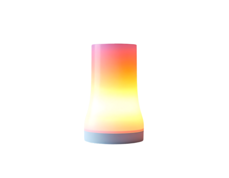 A cylindrical, gradient-colored lamp with a warm, flickering light emanating from within, sitting on a dark background.  The base is a slightly darker shade than the main body