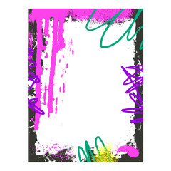 Urban grunge background frame. Border graffiti template with airbrush lines and splashes. Ink and paint decoration design. Retro texture poster mockup overlay. Vector illustration.