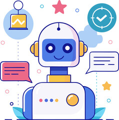 Artificial Intelligence Chatbot Collecting Customer Feedback &ndash; Flat Vector Illustration for Survey, Review, and User Experience Concept
