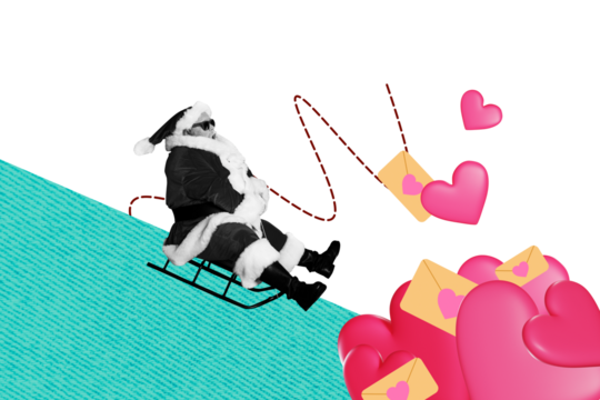 Creative collage santa claus winter holiday sleds rider downhill joy valentine february celebration postcard envelop love affection