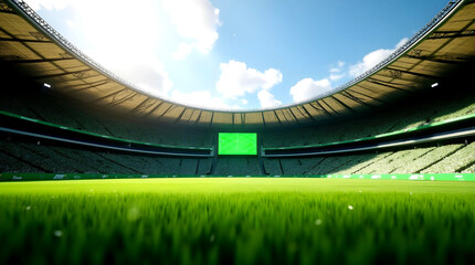 Fototapeta premium Modern football stadium with green field and electronic scoreboard under open sky. Concept sports arena ready for a major event