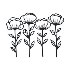 Floral design with four linear flowers and leaves for decoration. Vector illustration