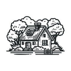 Naklejka premium Charming cottage surrounded by trees in a serene landscape setting. Vector illustration