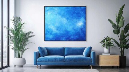 A stylish living room scene displays a cobalt blue sofa, alongside a vibrant blue abstract painting, verdant plants, and a light-toned wooden side table.