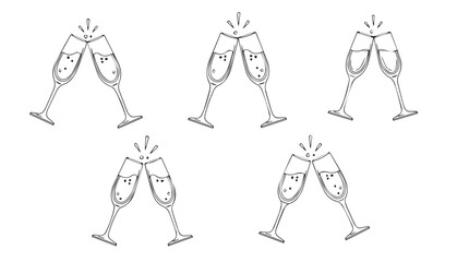 Celebratory toast five pairs of champagne glasses clinking together for festivities silhouette