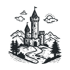 Castle landscape with mountains and sun for nature designs. Vector illustration