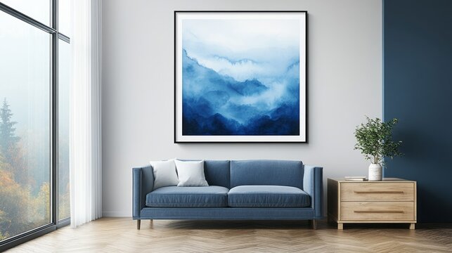 A serene living room interior scene showcasing a framed abstract piece, evoking a sense of tranquility and depth with its shades of cool blue.